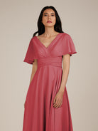 KissDress-Jasper Merlot A Line Chiffon Cap Sleeves V Neck Long Bridesmaid Dress with Pleats