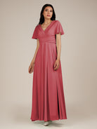 KissDress-Jasper Merlot A Line Chiffon Cap Sleeves V Neck Long Bridesmaid Dress with Pleats