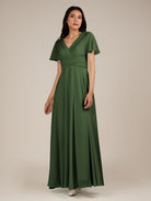 KissDress-Jasper Moss A Line Chiffon Cap Sleeves V Neck Long Bridesmaid Dress with Pleats