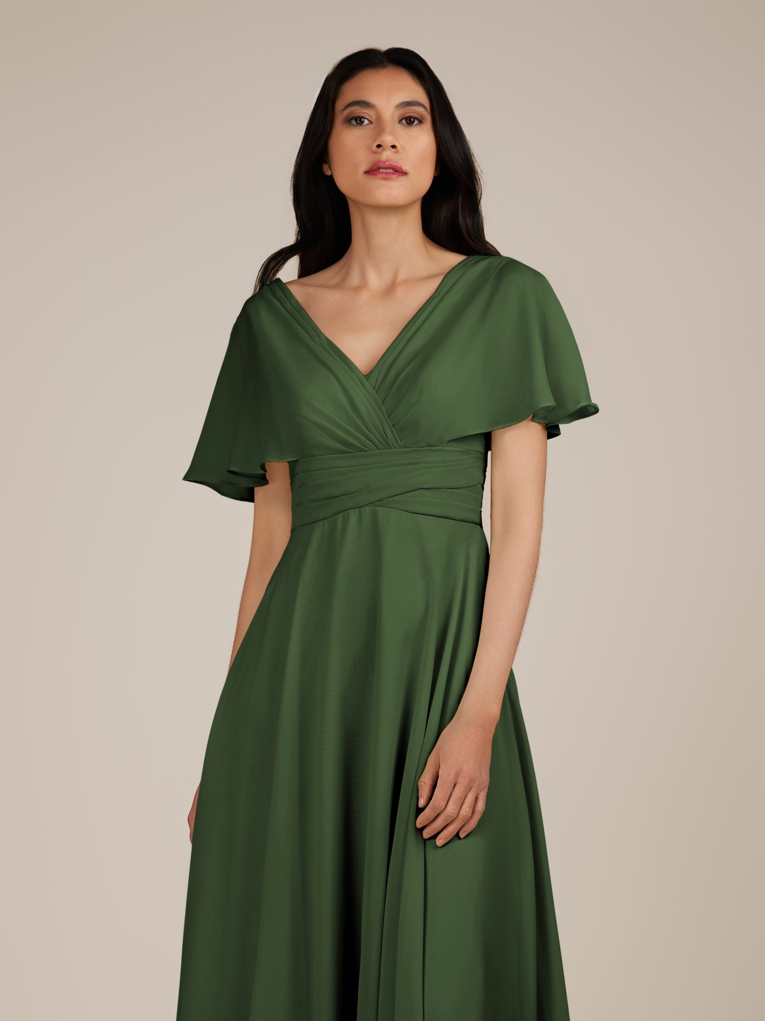 KissDress-Jasper Moss A Line Chiffon Cap Sleeves V Neck Long Bridesmaid Dress with Pleats