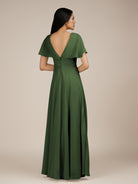KissDress-Jasper Moss A Line Chiffon Cap Sleeves V Neck Long Bridesmaid Dress with Pleats