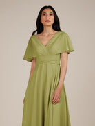 KissDress-Jasper Moss Green A Line Chiffon Cap Sleeves V Neck Long Bridesmaid Dress with Pleats