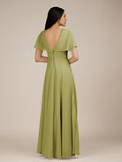 KissDress-Jasper Moss Green A Line Chiffon Cap Sleeves V Neck Long Bridesmaid Dress with Pleats