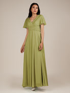 KissDress-Jasper Moss Green A Line Chiffon Cap Sleeves V Neck Long Bridesmaid Dress with Pleats