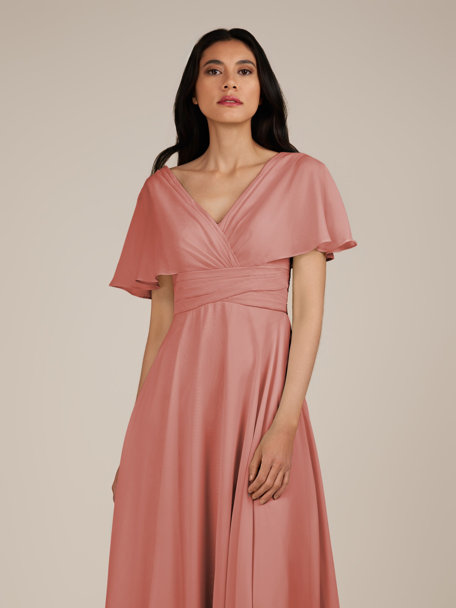 KissDress-Jasper Mulberry A Line Chiffon Cap Sleeves V Neck Long Bridesmaid Dress with Pleats