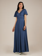 KissDress-Jasper Navy A Line Chiffon Cap Sleeves V Neck Long Bridesmaid Dress with Pleats