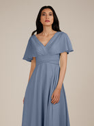 KissDress-Jasper Neptune A Line Chiffon Cap Sleeves V Neck Long Bridesmaid Dress with Pleats