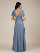 KissDress-Jasper Neptune A Line Chiffon Cap Sleeves V Neck Long Bridesmaid Dress with Pleats