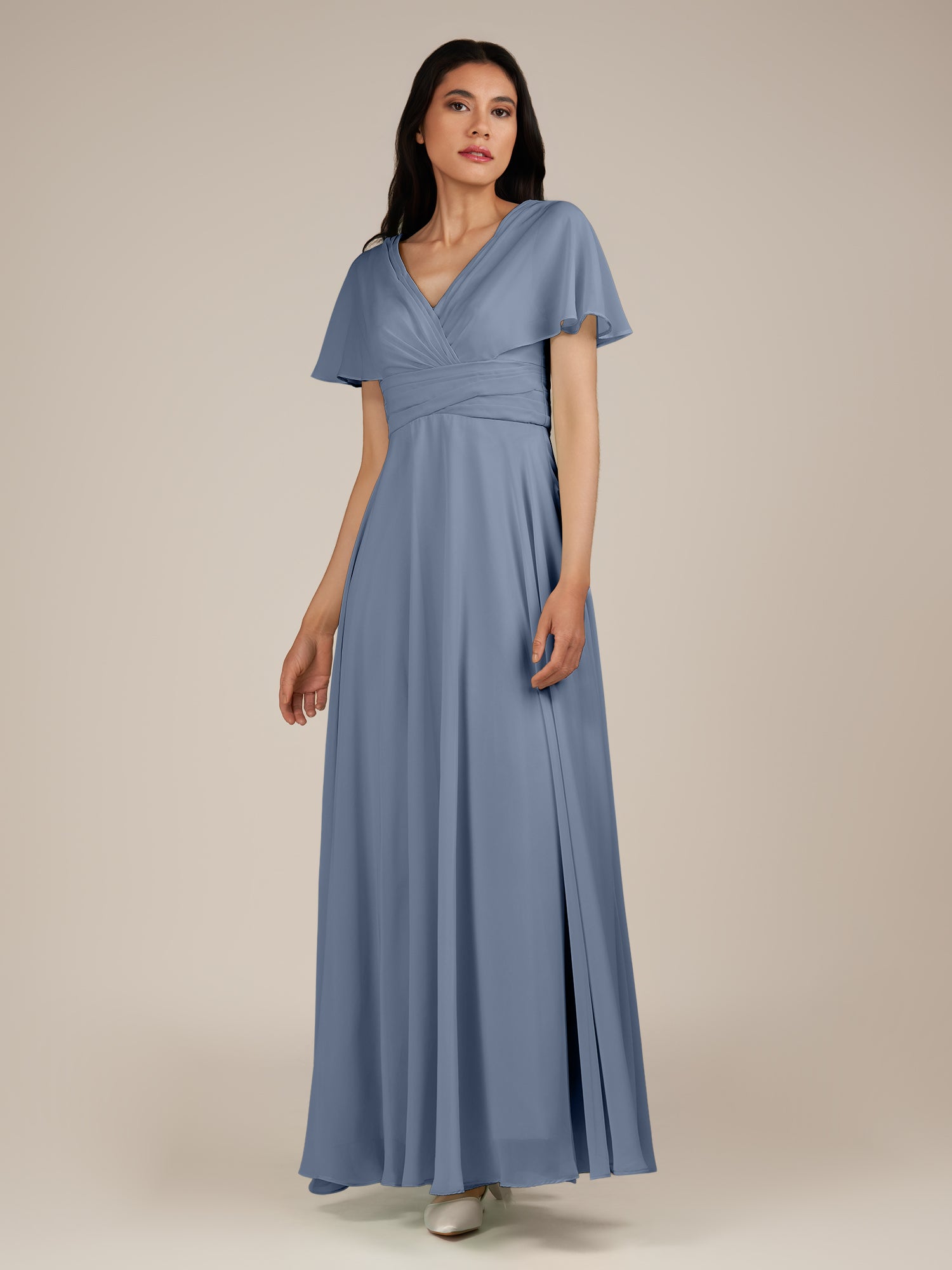 KissDress-Jasper Neptune A Line Chiffon Cap Sleeves V Neck Long Bridesmaid Dress with Pleats