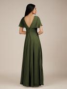 KissDress-Jasper Olive A Line Chiffon Cap Sleeves V Neck Long Bridesmaid Dress with Pleats
