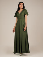 KissDress-Jasper Olive A Line Chiffon Cap Sleeves V Neck Long Bridesmaid Dress with Pleats
