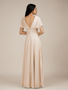 KissDress-Jasper Pale Blush A Line Chiffon Cap Sleeves V Neck Long Bridesmaid Dress with Pleats