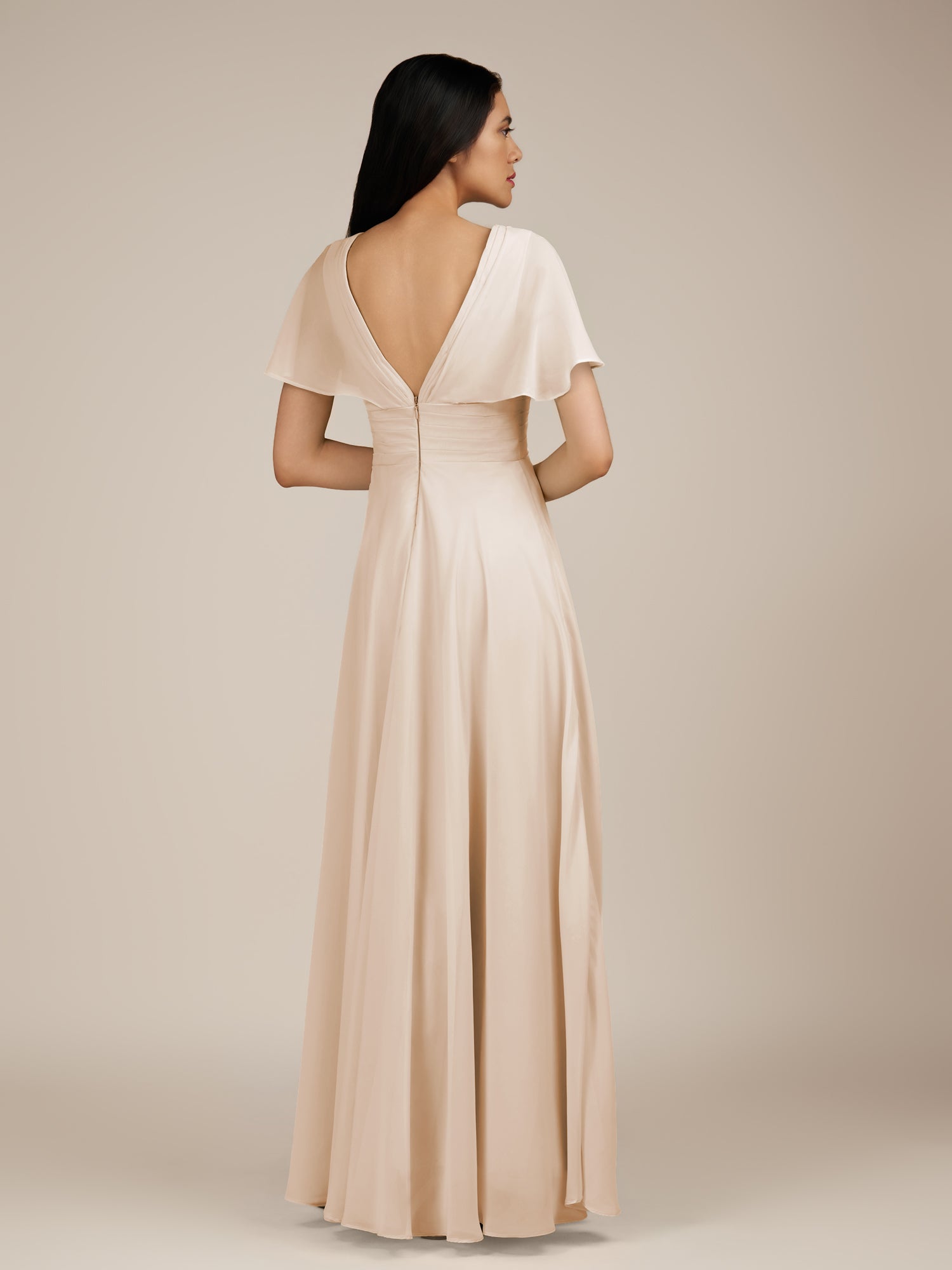 KissDress-Jasper Pale Blush A Line Chiffon Cap Sleeves V Neck Long Bridesmaid Dress with Pleats