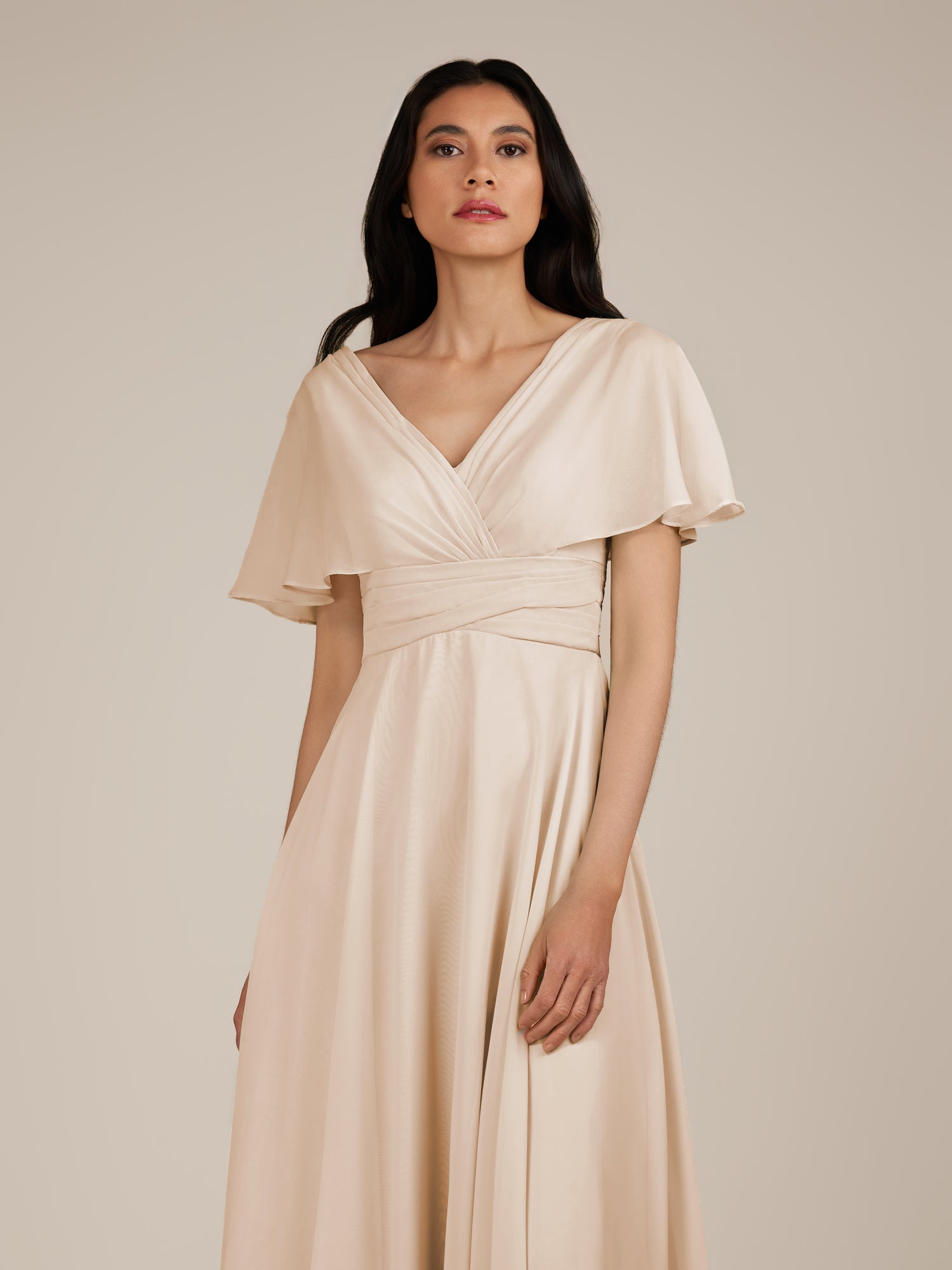 KissDress-Jasper Pale Blush A Line Chiffon Cap Sleeves V Neck Long Bridesmaid Dress with Pleats