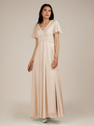 KissDress-Jasper Pale Blush A Line Chiffon Cap Sleeves V Neck Long Bridesmaid Dress with Pleats