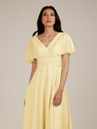KissDress-Jasper Pastel Yellow A Line Chiffon Cap Sleeves V Neck Long Bridesmaid Dress with Pleats