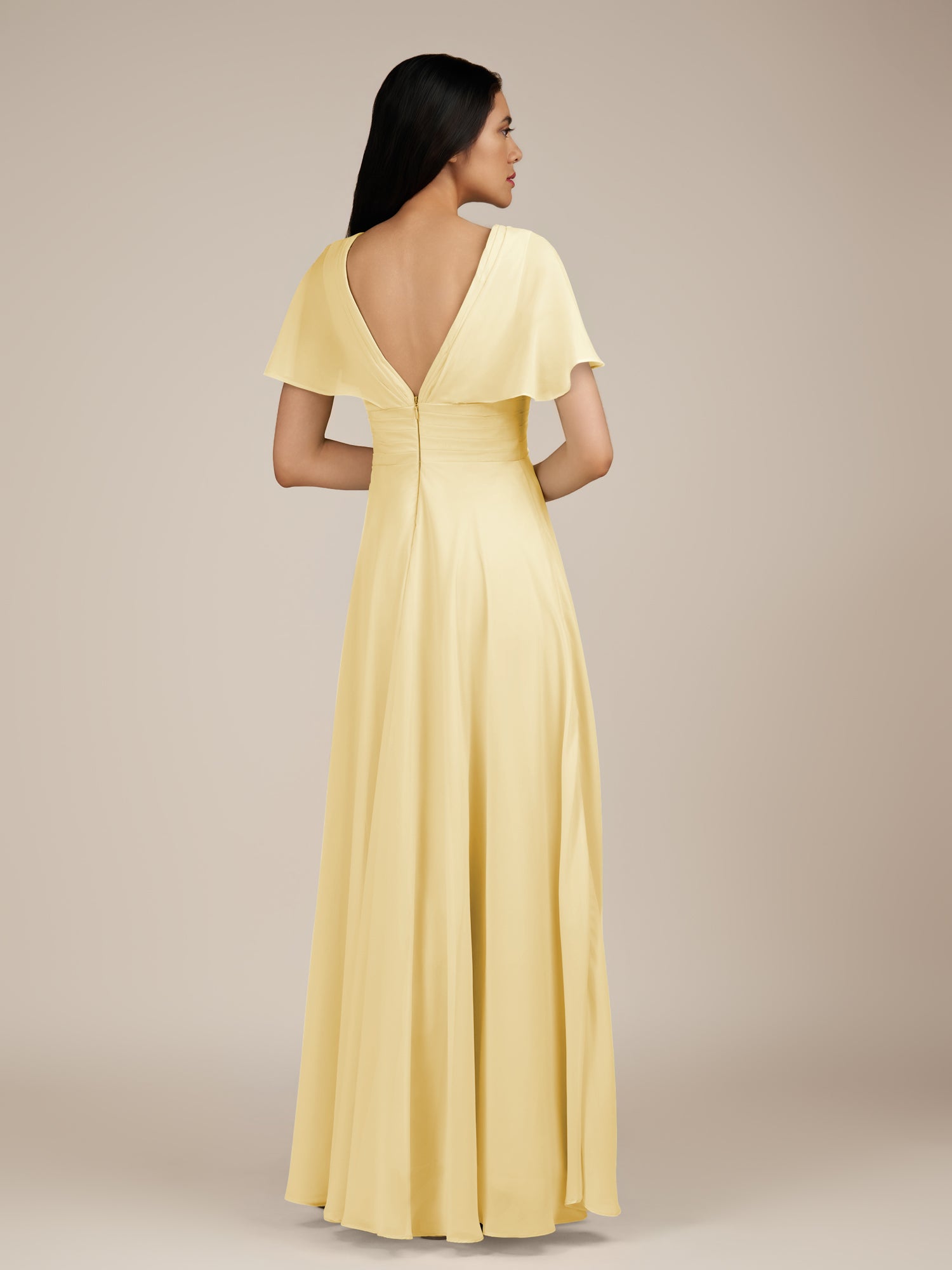 KissDress-Jasper Pastel Yellow A Line Chiffon Cap Sleeves V Neck Long Bridesmaid Dress with Pleats
