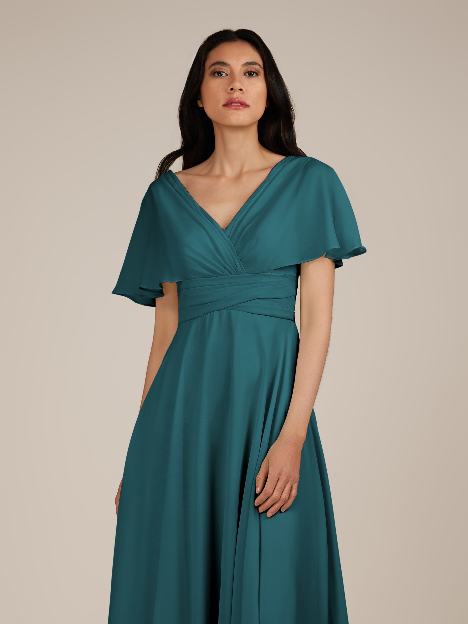 KissDress-Jasper Pine A Line Chiffon Cap Sleeves V Neck Long Bridesmaid Dress with Pleats