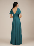 KissDress-Jasper Pine A Line Chiffon Cap Sleeves V Neck Long Bridesmaid Dress with Pleats