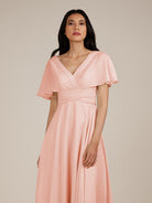 KissDress-Jasper Rose Petal A Line Chiffon Cap Sleeves V Neck Long Bridesmaid Dress with Pleats