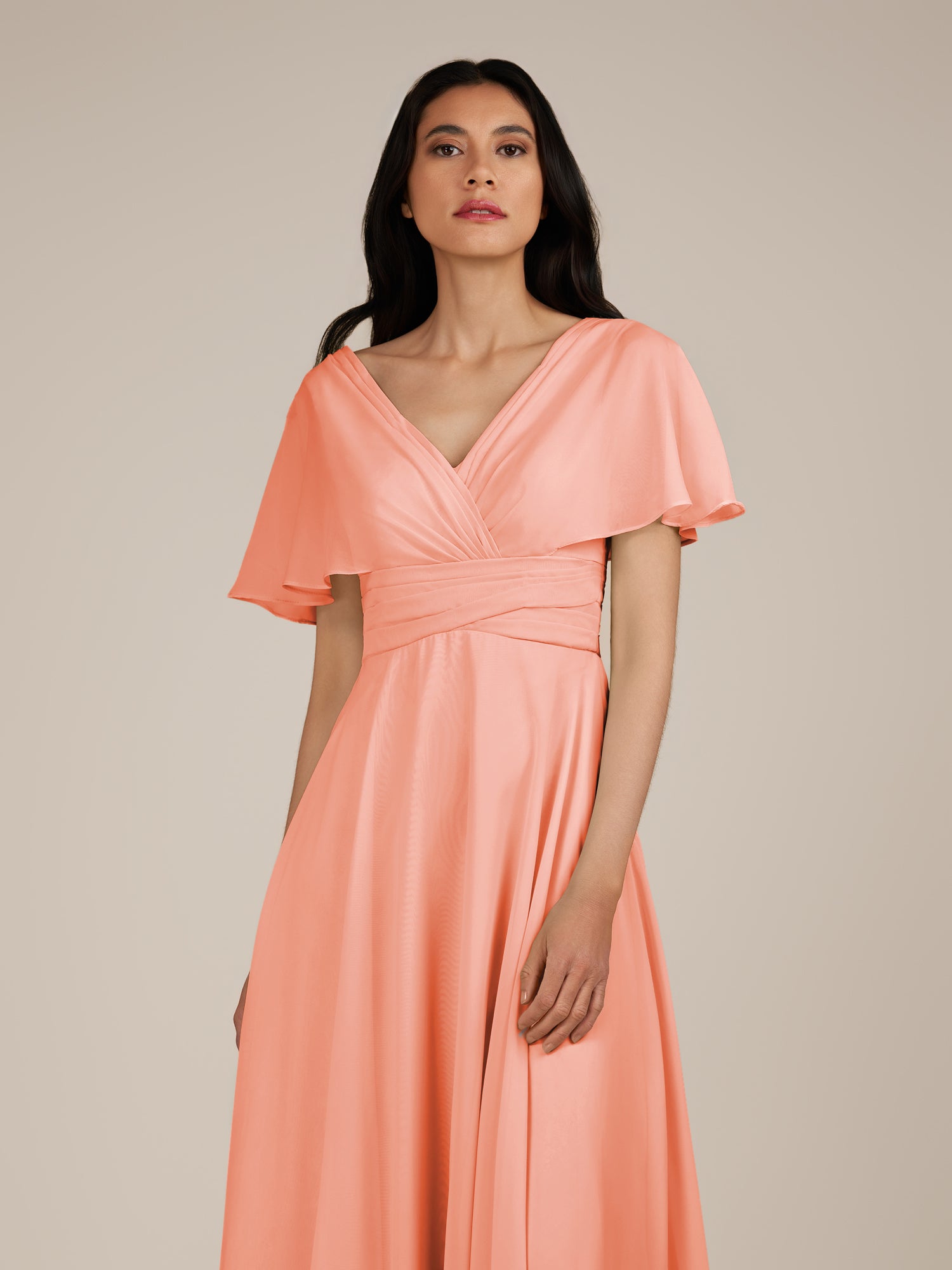KissDress-Jasper Rosette A Line Chiffon Cap Sleeves V Neck Long Bridesmaid Dress with Pleats