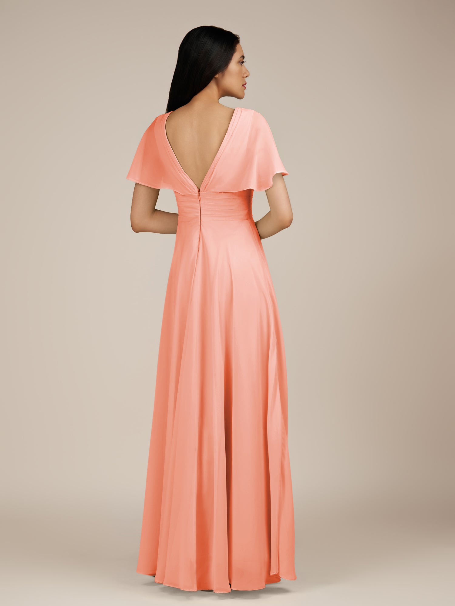KissDress-Jasper Rosette A Line Chiffon Cap Sleeves V Neck Long Bridesmaid Dress with Pleats