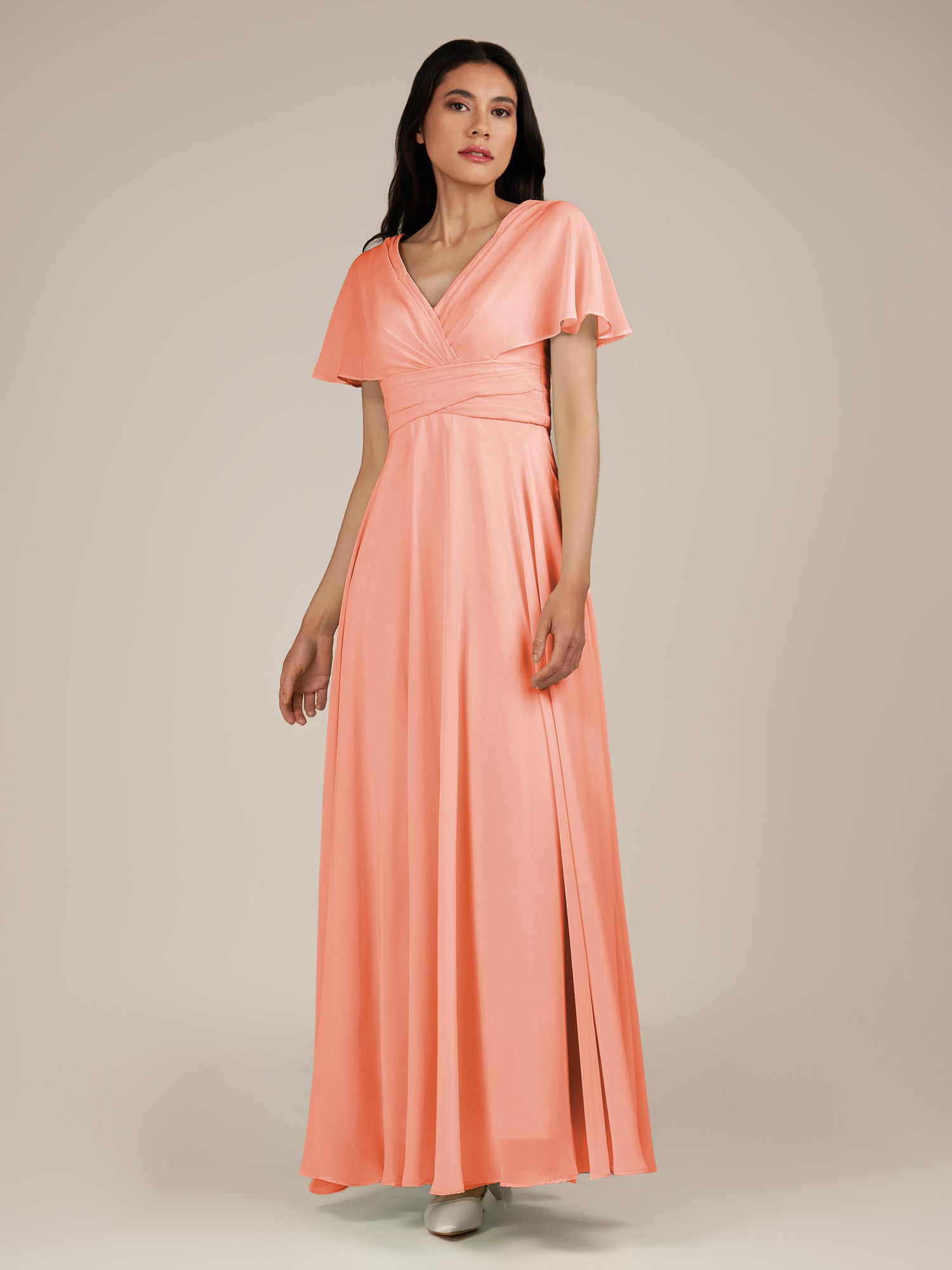 KissDress-Jasper Rosette A Line Chiffon Cap Sleeves V Neck Long Bridesmaid Dress with Pleats