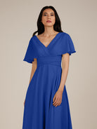 KissDress-Jasper Royal Blue A Line Chiffon Cap Sleeves V Neck Long Bridesmaid Dress with Pleats