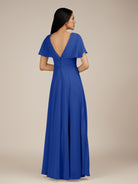 KissDress-Jasper Royal Blue A Line Chiffon Cap Sleeves V Neck Long Bridesmaid Dress with Pleats