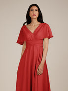 KissDress-Jasper Ruby Red A Line Chiffon Cap Sleeves V Neck Long Bridesmaid Dress with Pleats