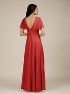 KissDress-Jasper Ruby Red A Line Chiffon Cap Sleeves V Neck Long Bridesmaid Dress with Pleats