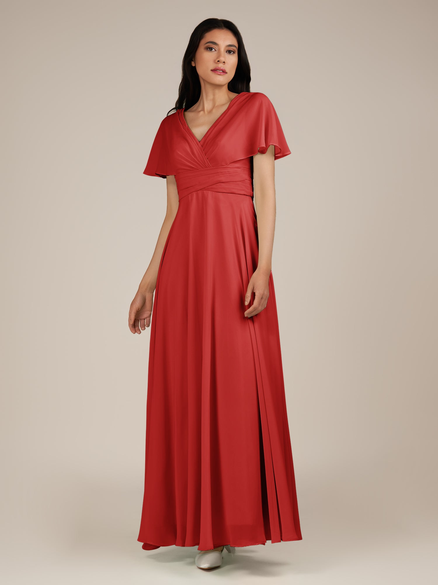 KissDress-Jasper Ruby Red A Line Chiffon Cap Sleeves V Neck Long Bridesmaid Dress with Pleats