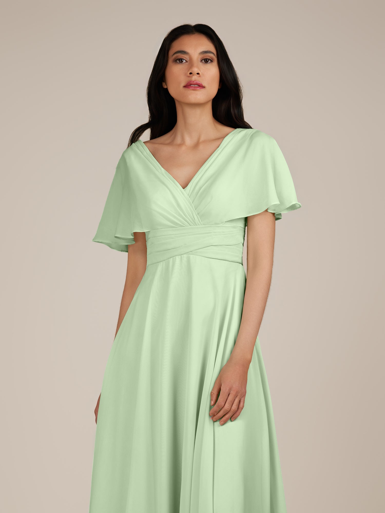 KissDress-Jasper Sage A Line Chiffon Cap Sleeves V Neck Long Bridesmaid Dress with Pleats