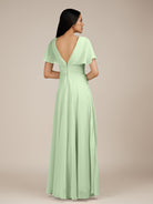 KissDress-Jasper Sage A Line Chiffon Cap Sleeves V Neck Long Bridesmaid Dress with Pleats