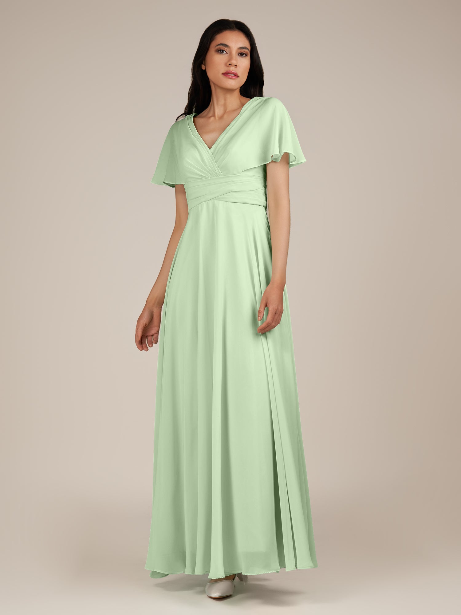 KissDress-Jasper Sage A Line Chiffon Cap Sleeves V Neck Long Bridesmaid Dress with Pleats