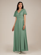 KissDress-Jasper Sea Glass A Line Chiffon Cap Sleeves V Neck Long Bridesmaid Dress with Pleats