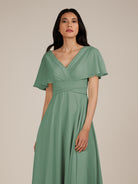 KissDress-Jasper Sea Glass A Line Chiffon Cap Sleeves V Neck Long Bridesmaid Dress with Pleats
