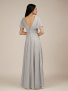 KissDress-Jasper Silver A Line Chiffon Cap Sleeves V Neck Long Bridesmaid Dress with Pleats
