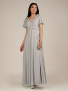 KissDress-Jasper Silver A Line Chiffon Cap Sleeves V Neck Long Bridesmaid Dress with Pleats