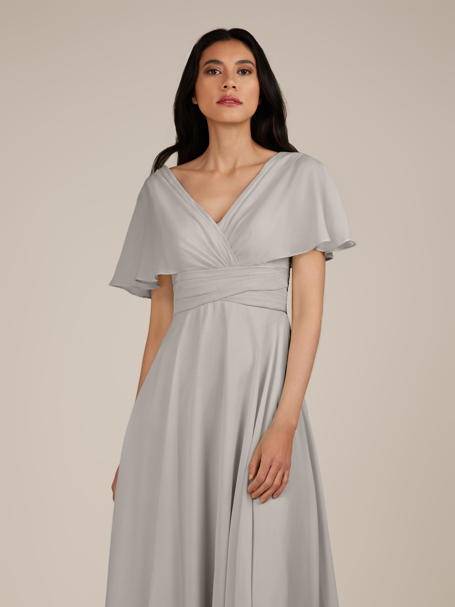 KissDress-Jasper Silver A Line Chiffon Cap Sleeves V Neck Long Bridesmaid Dress with Pleats