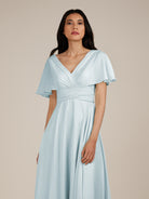 KissDress-Jasper Sky Blue A Line Chiffon Cap Sleeves V Neck Long Bridesmaid Dress with Pleats