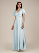 KissDress-Jasper Sky Blue A Line Chiffon Cap Sleeves V Neck Long Bridesmaid Dress with Pleats