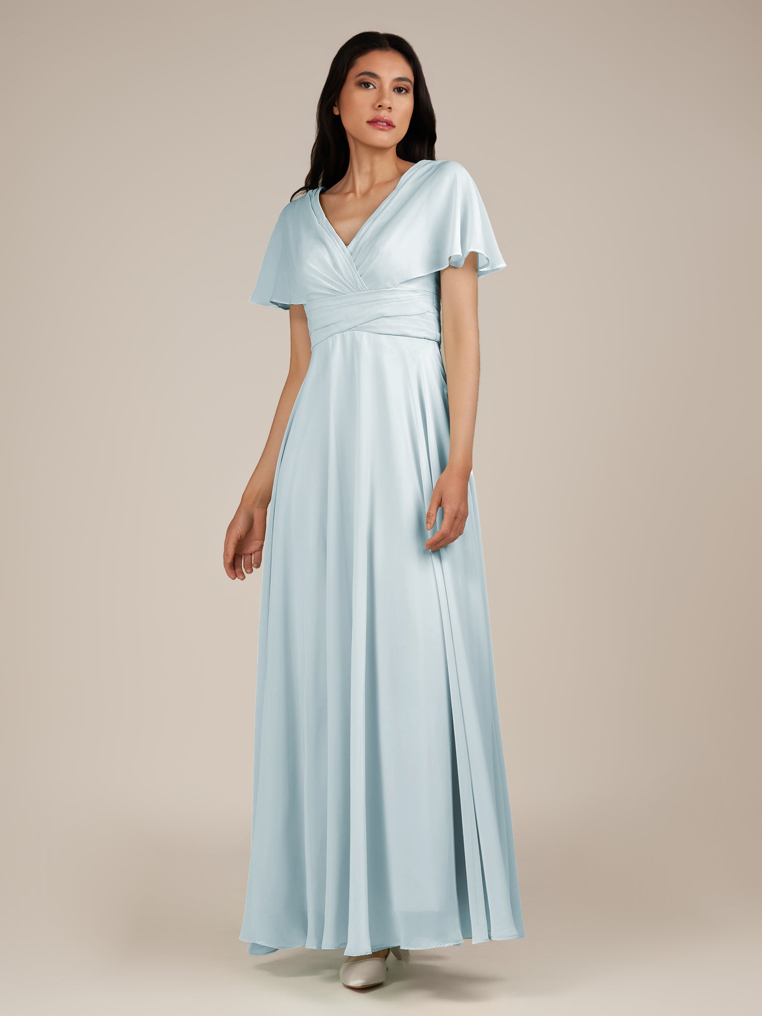 KissDress-Jasper Sky Blue A Line Chiffon Cap Sleeves V Neck Long Bridesmaid Dress with Pleats
