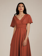 KissDress-Jasper Spice A Line Chiffon Cap Sleeves V Neck Long Bridesmaid Dress with Pleats
