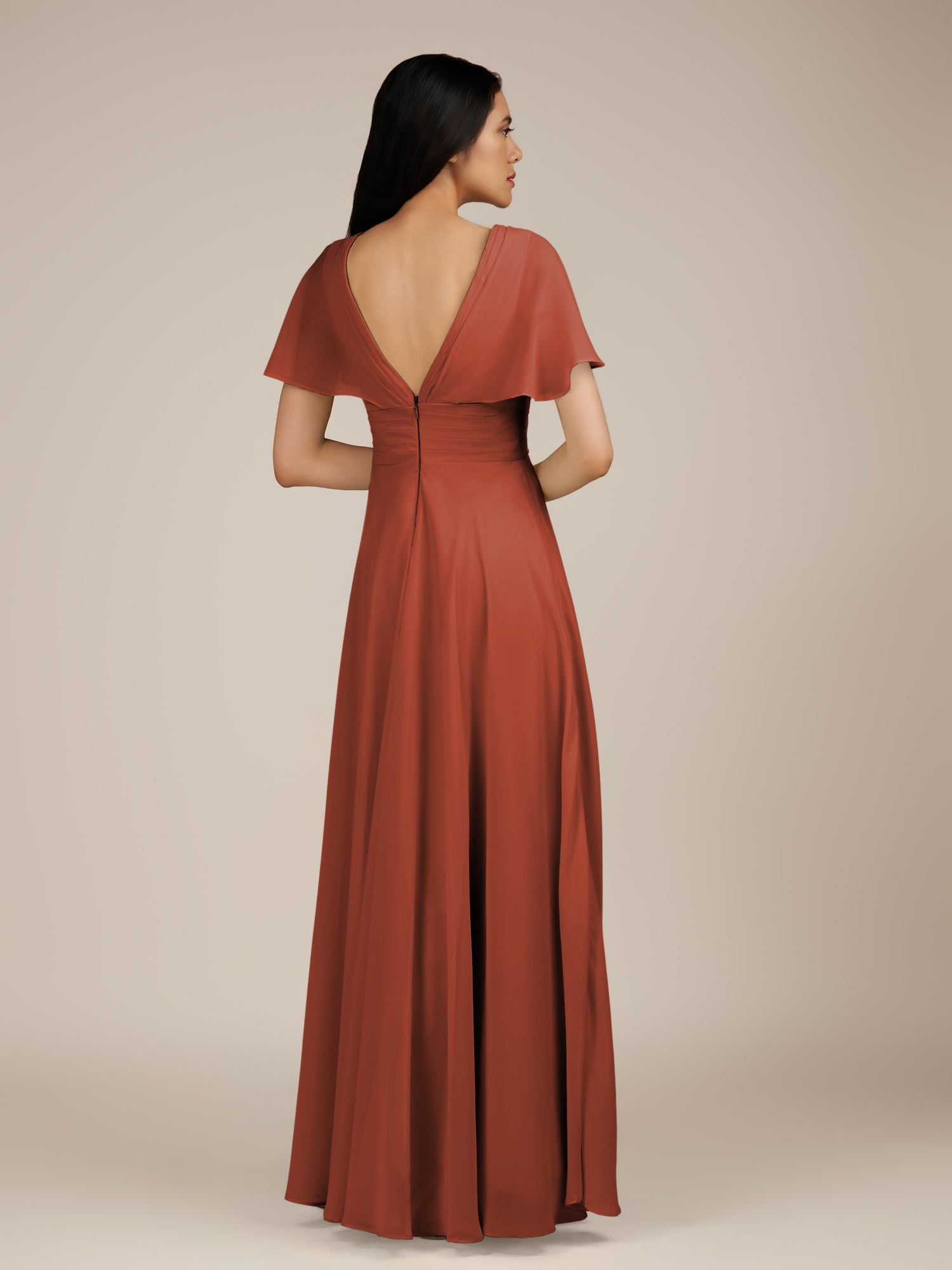 KissDress-Jasper Spice A Line Chiffon Cap Sleeves V Neck Long Bridesmaid Dress with Pleats