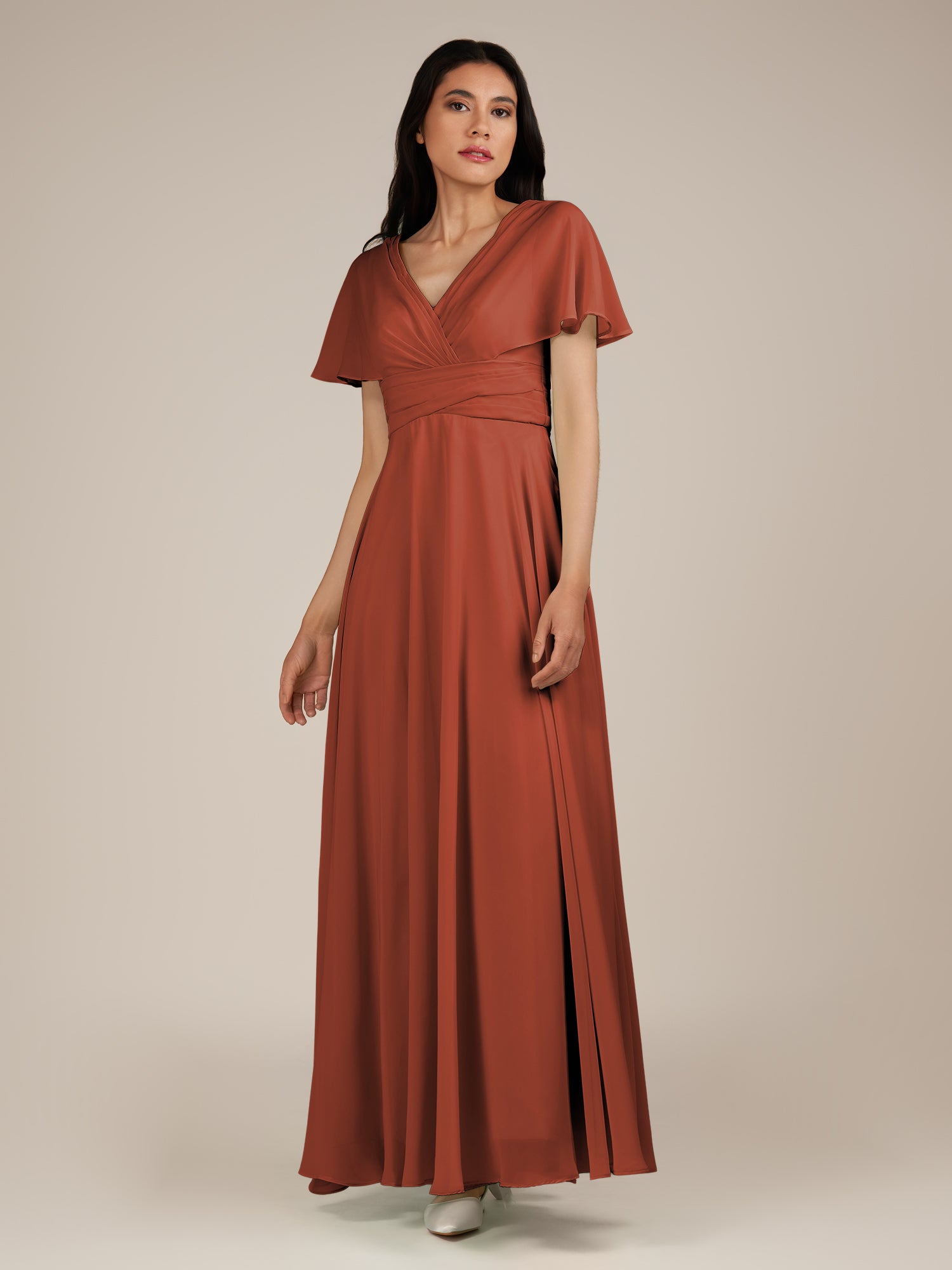 KissDress-Jasper Spice A Line Chiffon Cap Sleeves V Neck Long Bridesmaid Dress with Pleats
