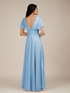 KissDress-Jasper Steel Blue A Line Chiffon Cap Sleeves V Neck Long Bridesmaid Dress with Pleats