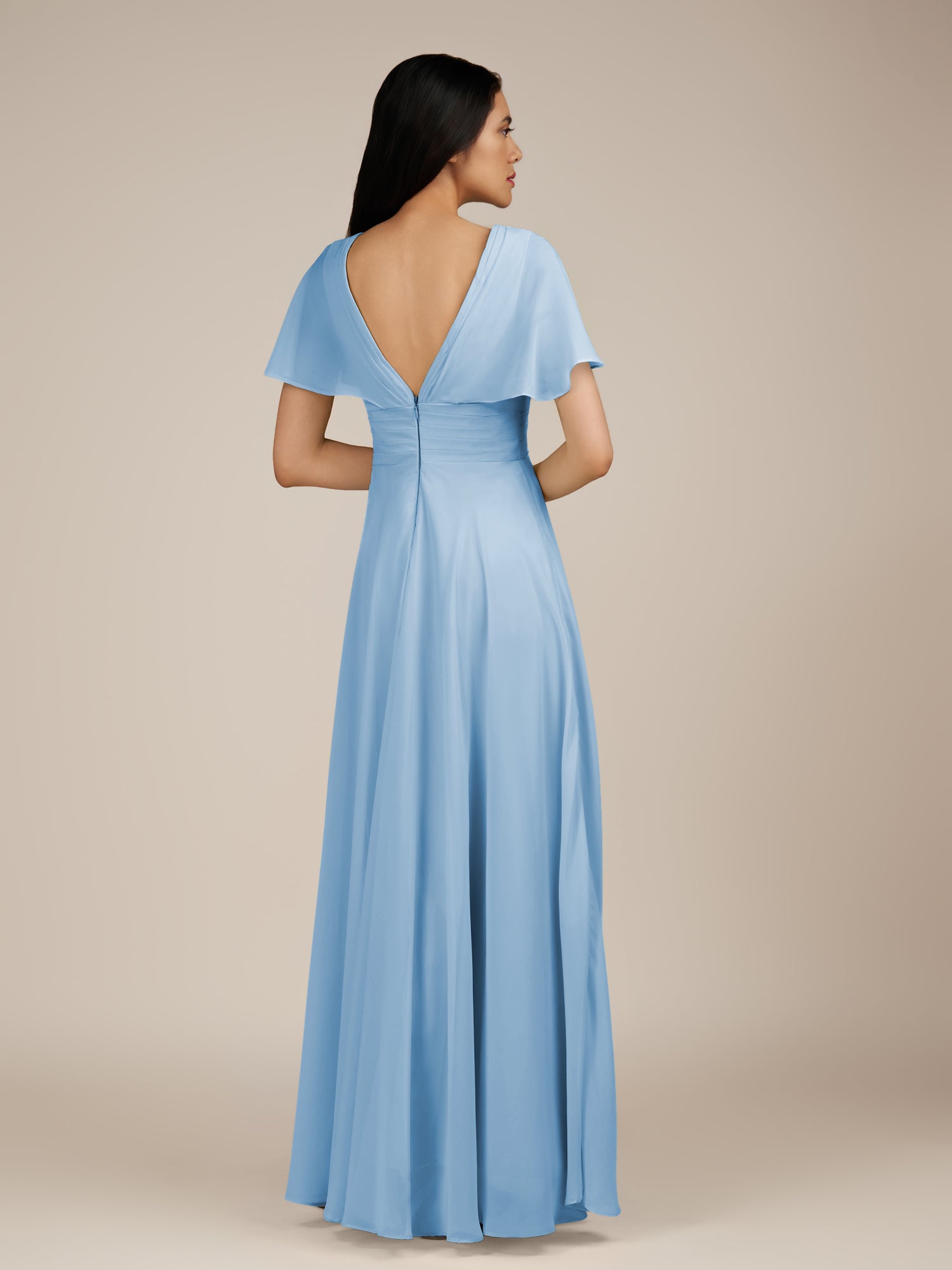 KissDress-Jasper Steel Blue A Line Chiffon Cap Sleeves V Neck Long Bridesmaid Dress with Pleats
