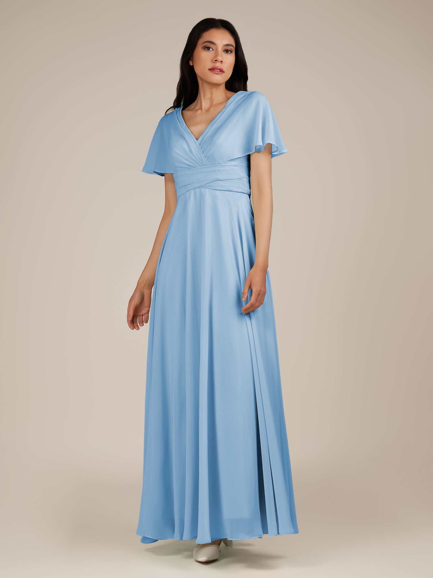 KissDress-Jasper Steel Blue A Line Chiffon Cap Sleeves V Neck Long Bridesmaid Dress with Pleats