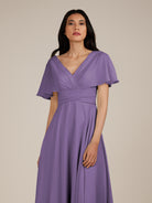 KissDress-Jasper Tahiti A Line Chiffon Cap Sleeves V Neck Long Bridesmaid Dress with Pleats